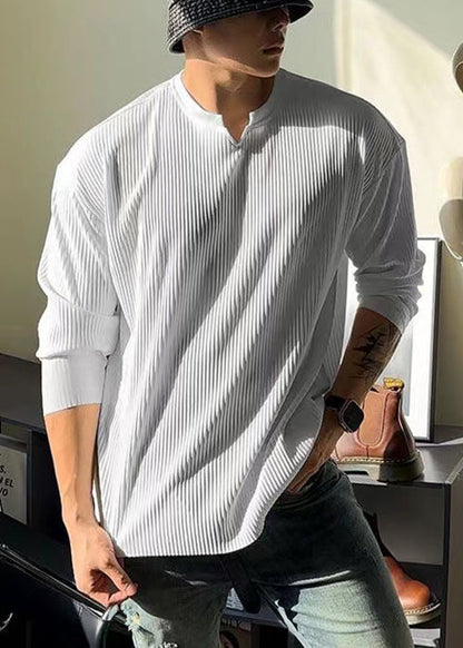 Spring Shirt Cotton V Neck T Solid Men Simple White FashionChic