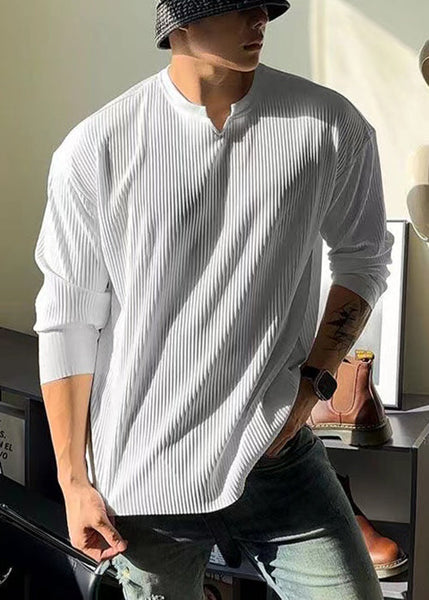 Spring Shirt Cotton V Neck T Solid Men Simple White FashionChic
