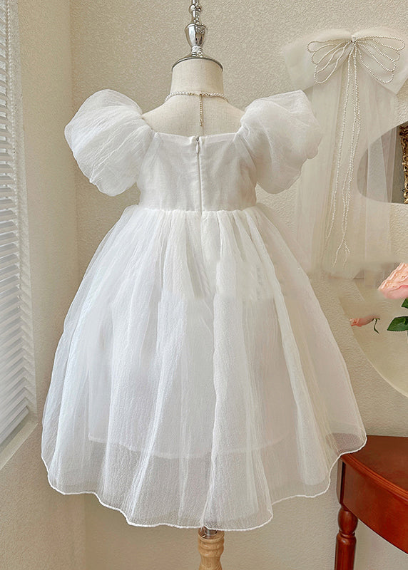 Simple White Square Collar Patchwork Tulle Girls Vacation Long Dresses Summer XZ043 SDGL240618