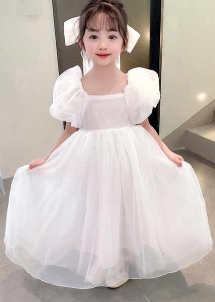 Simple White Square Collar Patchwork Tulle Girls Vacation Long Dresses Summer XZ043 SDGL240618