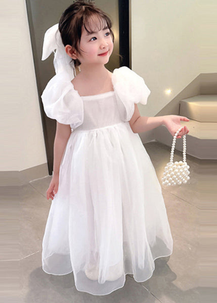Simple White Square Collar Patchwork Tulle Girls Vacation Long Dresses Summer XZ043 SDGL240618