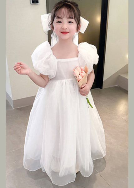 Simple White Square Collar Patchwork Tulle Girls Vacation Long Dresses Summer XZ043 SDGL240618