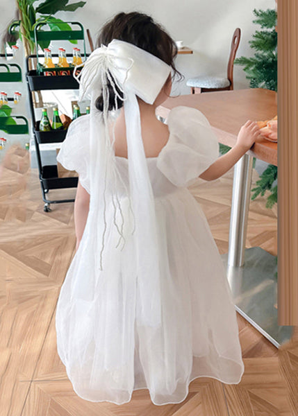Simple White Square Collar Patchwork Tulle Girls Vacation Long Dresses Summer XZ043 SDGL240618