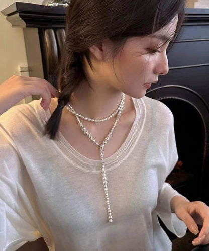 Simple White Stainless Steel Pearl Beading Gratuated Bead Necklace WQ022 JEW-EAR241102