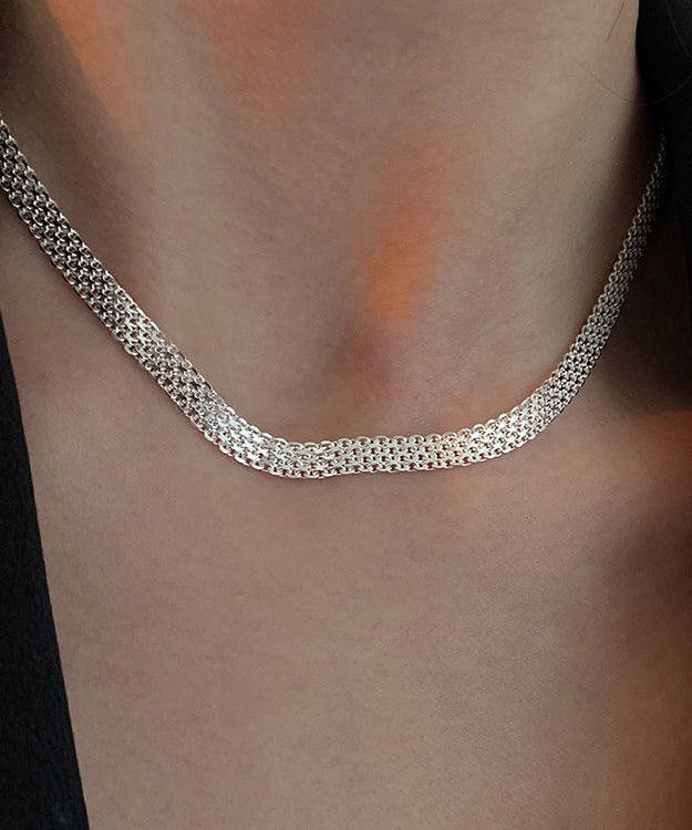 Simple White Sterling Silver Hand Woven Collar Necklace PO004 JEW-NLC240729