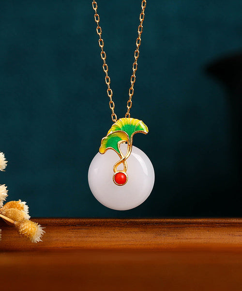 Simple White Sterling Silver Overgild Jade Ginkgo Leaf Ping Buckle Pendant Necklace KX1076 Ada Fashion