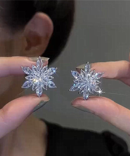 Simple White Sterling Silver Zircon Snowflake Stud Earrings TS002