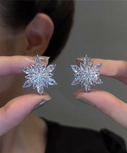 Simple White Sterling Silver Zircon Snowflake Stud Earrings TS002