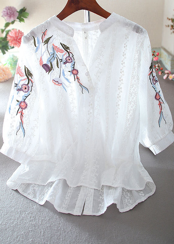 Simple White V Neck Embroidered Low High Design Shirt Bracelet Sleeve VV066 HS-LTP240627