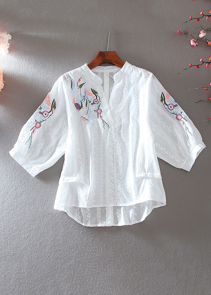 Simple White V Neck Embroidered Low High Design Shirt Bracelet Sleeve VV066 HS-LTP240627