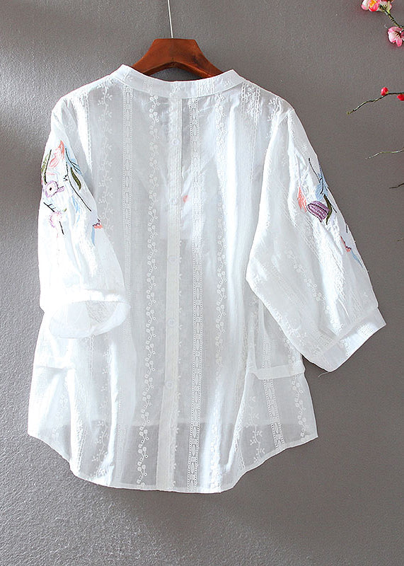 Simple White V Neck Embroidered Low High Design Shirt Bracelet Sleeve VV066 HS-LTP240627