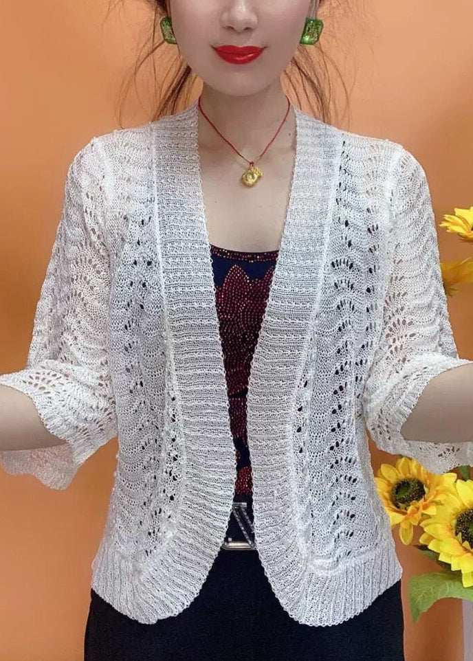 Simple White V Neck Hollow Out Knit Cardigan Bracelet Sleeve Ada Fashion