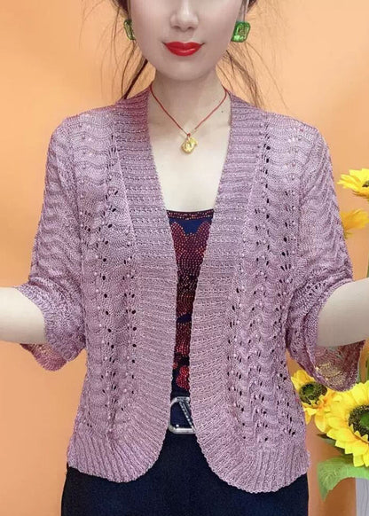 Simple White V Neck Hollow Out Knit Cardigan Bracelet Sleeve Ada Fashion