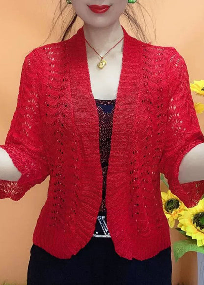 Simple White V Neck Hollow Out Knit Cardigan Bracelet Sleeve Ada Fashion