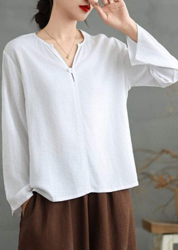 Simple White V Neck Loose Cotton T Shirts Top Fall OO032 OM-CS240814