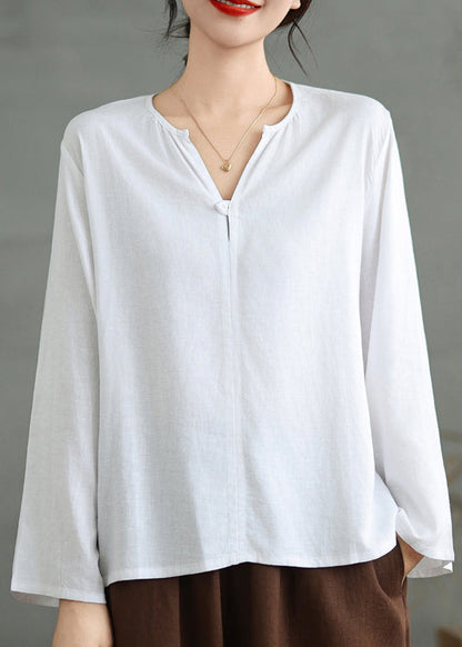 Simple White V Neck Loose Cotton T Shirts Top Fall OO032 OM-CS240814