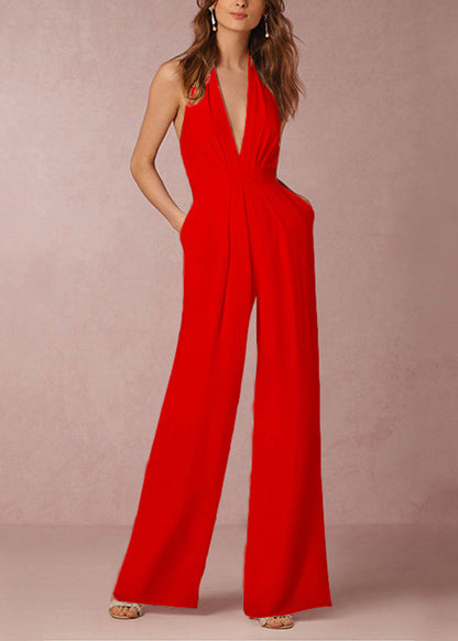 Sleeveless Backless Pockets White Neck V Simple Jumpsuit Cotton FashionChic