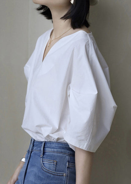 Cotton Solid Half Sleeve V Simple Shirt White Neck FashionChic