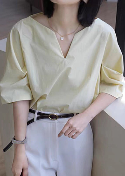 Cotton Solid Half Sleeve V Simple Shirt White Neck FashionChic