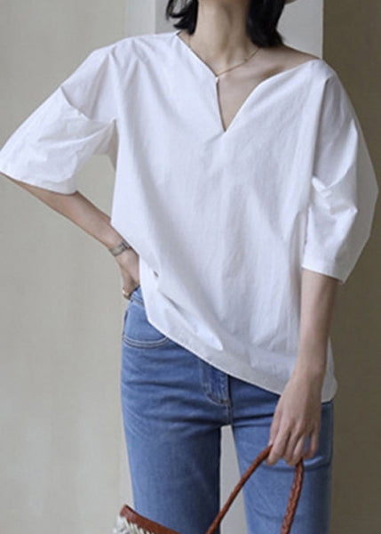 Cotton Solid Half Sleeve V Simple Shirt White Neck FashionChic