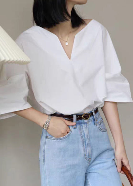 Cotton Solid Half Sleeve V Simple Shirt White Neck FashionChic