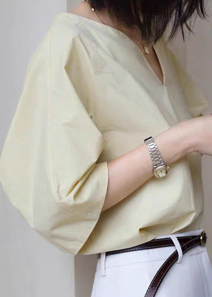 Cotton Solid Half Sleeve V Simple Shirt White Neck FashionChic