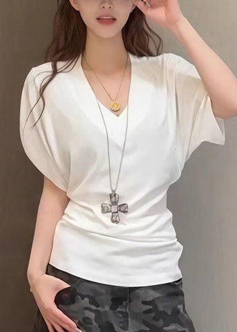Summer T V Neck White Cotton Simple Solid Shirt FashionChic