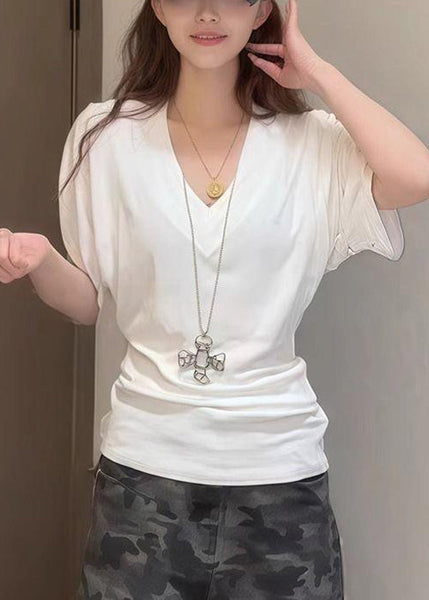 Summer T V Neck White Cotton Simple Solid Shirt FashionChic