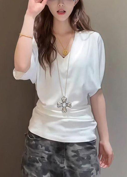 Summer T V Neck White Cotton Simple Solid Shirt FashionChic