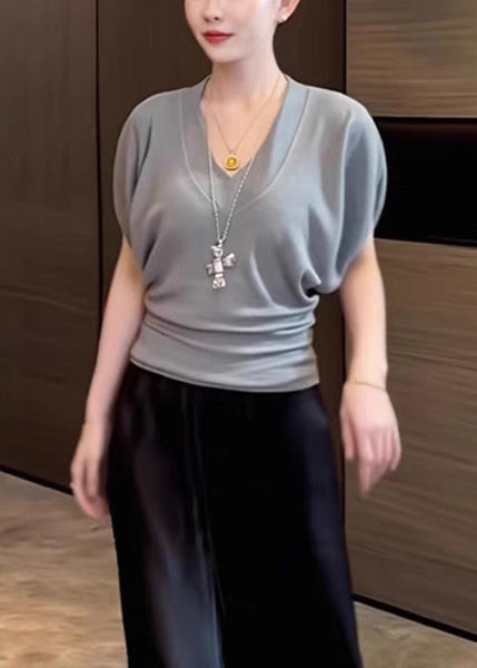 Summer T V Neck White Cotton Simple Solid Shirt FashionChic