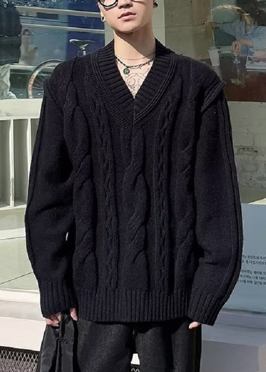 Simple White V Neck Solid Knit Sweater Men Fall QH017 MENSW241019