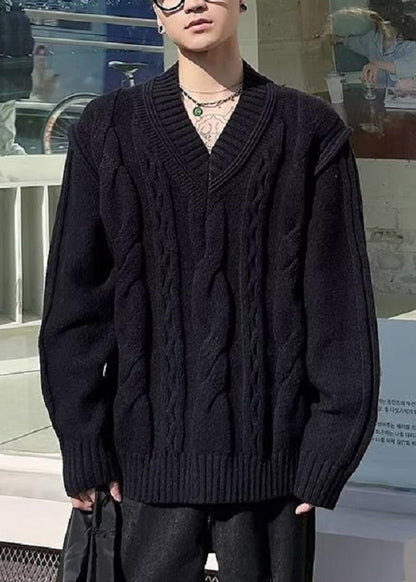 Simple White V Neck Solid Knit Sweater Men Fall QH017 MENSW241019