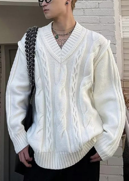 Simple White V Neck Solid Knit Sweater Men Fall QH017 MENSW241019
