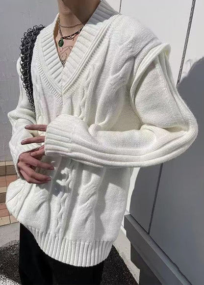 Simple White V Neck Solid Knit Sweater Men Fall QH017 MENSW241019