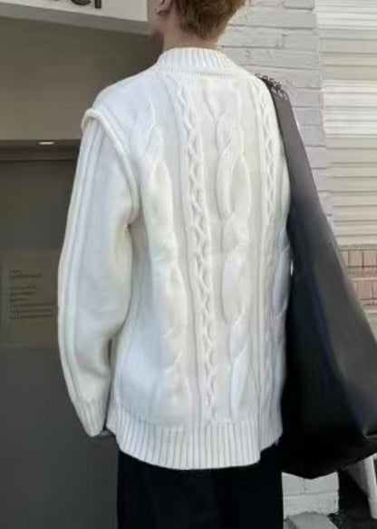 Simple White V Neck Solid Knit Sweater Men Fall QH017 MENSW241019