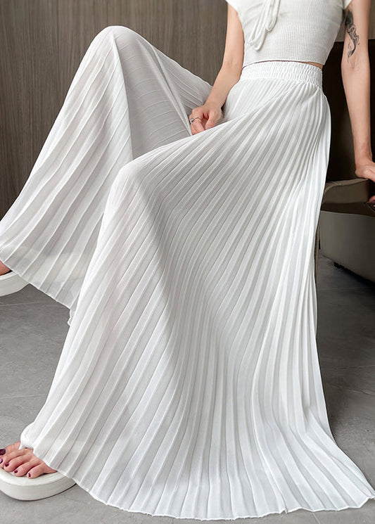 Pants Waist Elastic Simple Wrinkled White Summer Chiffon FashionChic