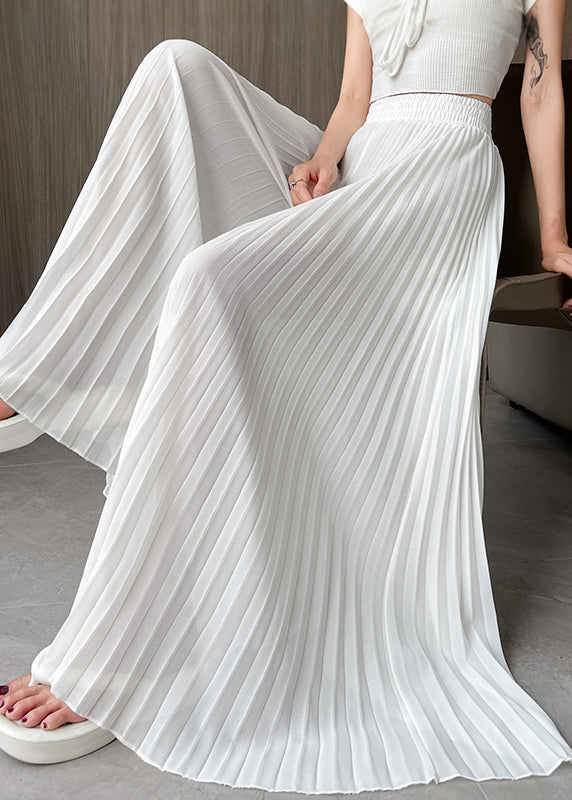 Pants Waist Elastic Simple Wrinkled White Summer Chiffon FashionChic