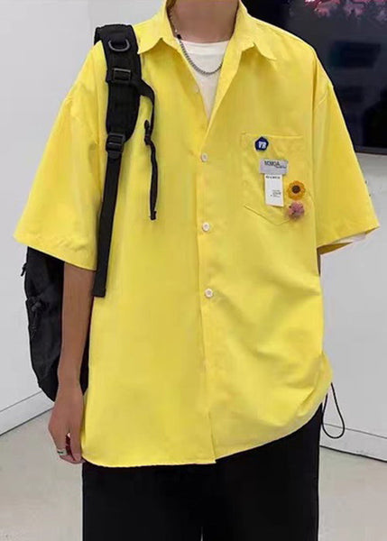 Half Cotton Men Pockets Simple Button Yellow Shirts Sleeve FashionChic