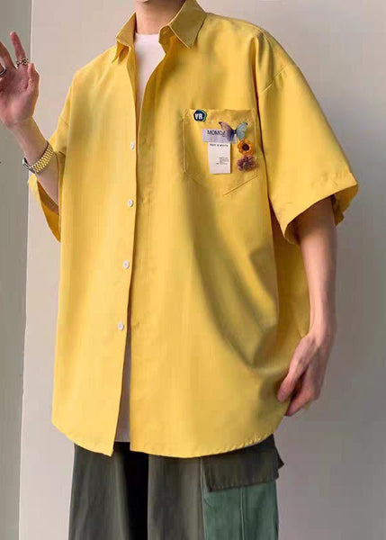 Half Cotton Men Pockets Simple Button Yellow Shirts Sleeve FashionChic