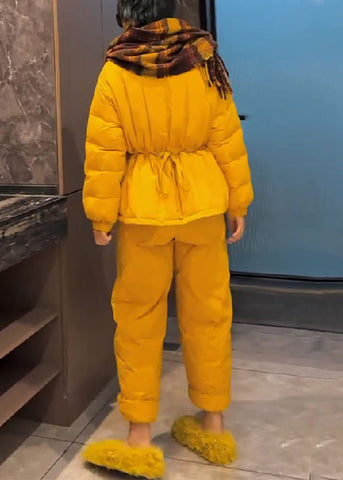 Simple Yellow Lace Up Tops And Pants Fine Cotton Filled Two Pieces Set Spring YW023 ABC