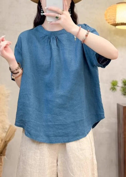 O Summer Solid Neck Cotton Yellow Simple Shirt FashionChic