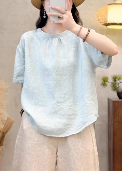 O Summer Solid Neck Cotton Yellow Simple Shirt FashionChic