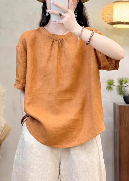 O Summer Solid Neck Cotton Yellow Simple Shirt FashionChic
