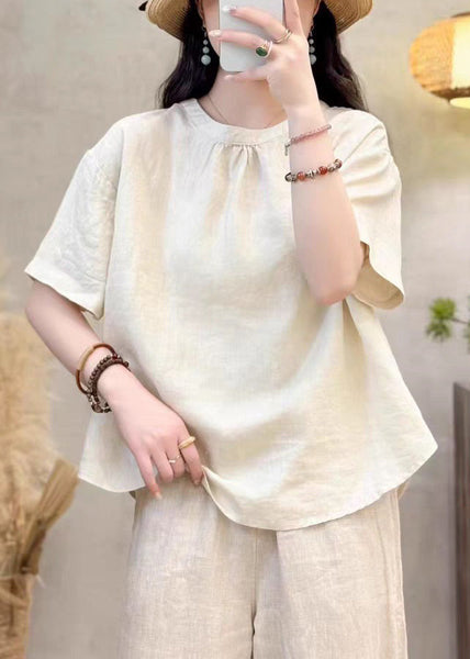 O Summer Solid Neck Cotton Yellow Simple Shirt FashionChic