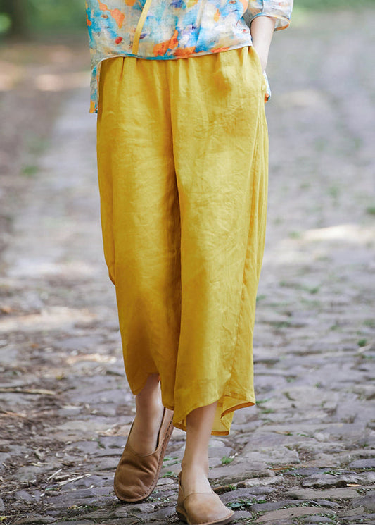 Crop Summer Yellow Elastic Pockets Simple Linen Waist Pantss FashionChic