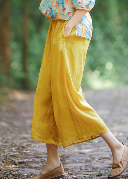 Crop Summer Yellow Elastic Pockets Simple Linen Waist Pantss FashionChic