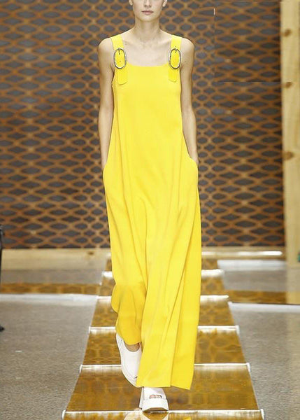 Pants Yellow Pockets Cotton Simple Sleeveless Solid Jumpsuit FashionChic