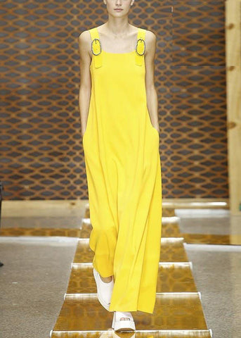 Pants Yellow Pockets Cotton Simple Sleeveless Solid Jumpsuit FashionChic