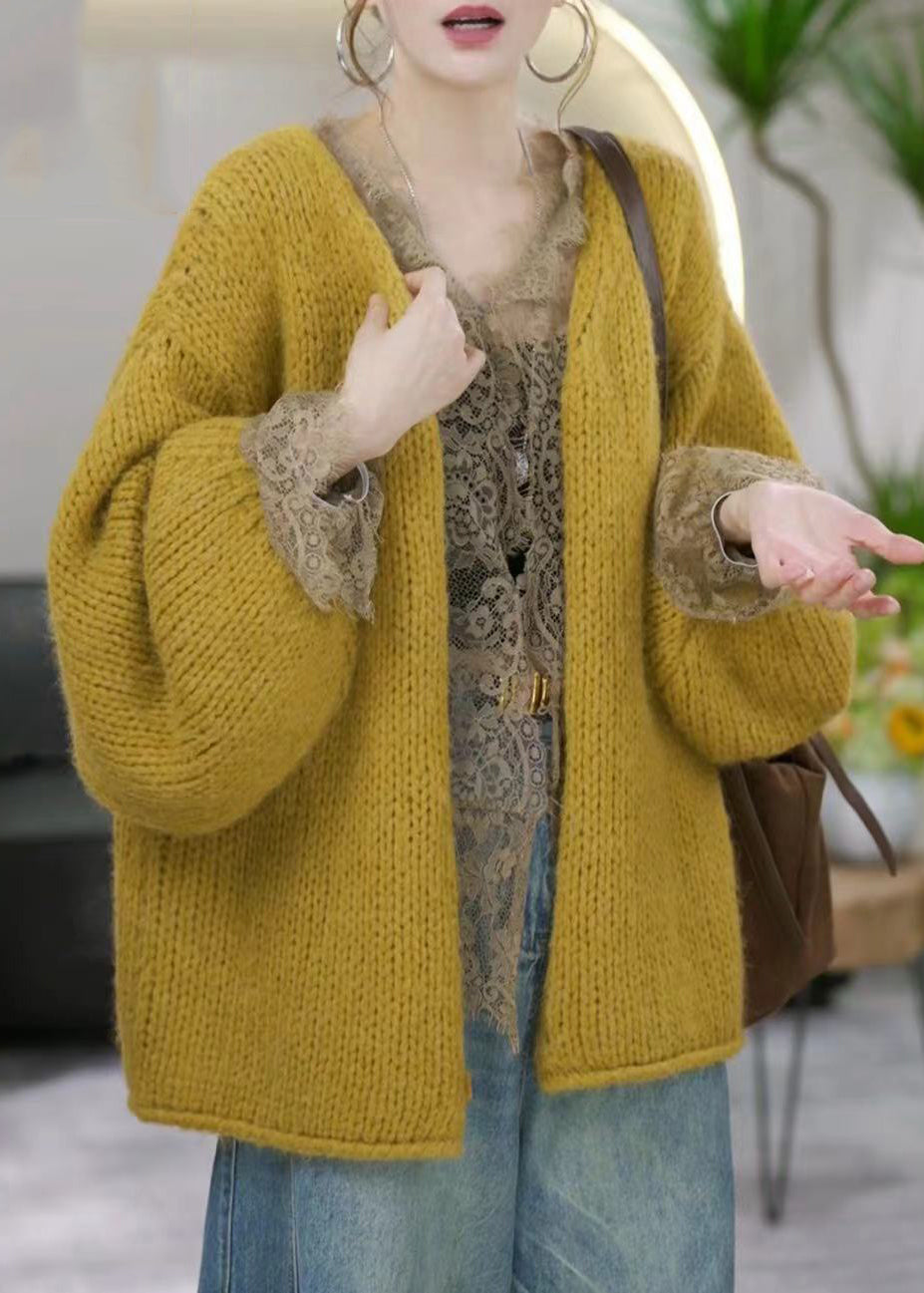 Simple Yellow V Neck Solid Cotton Knit Cardigans Winter RF017 ABC