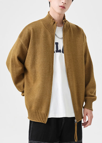 Up Yellow Cardigans Solid Simple Spring Zip Knit Mens FashionChic